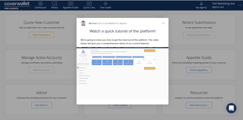 screenshot of CoverWallet for Agents